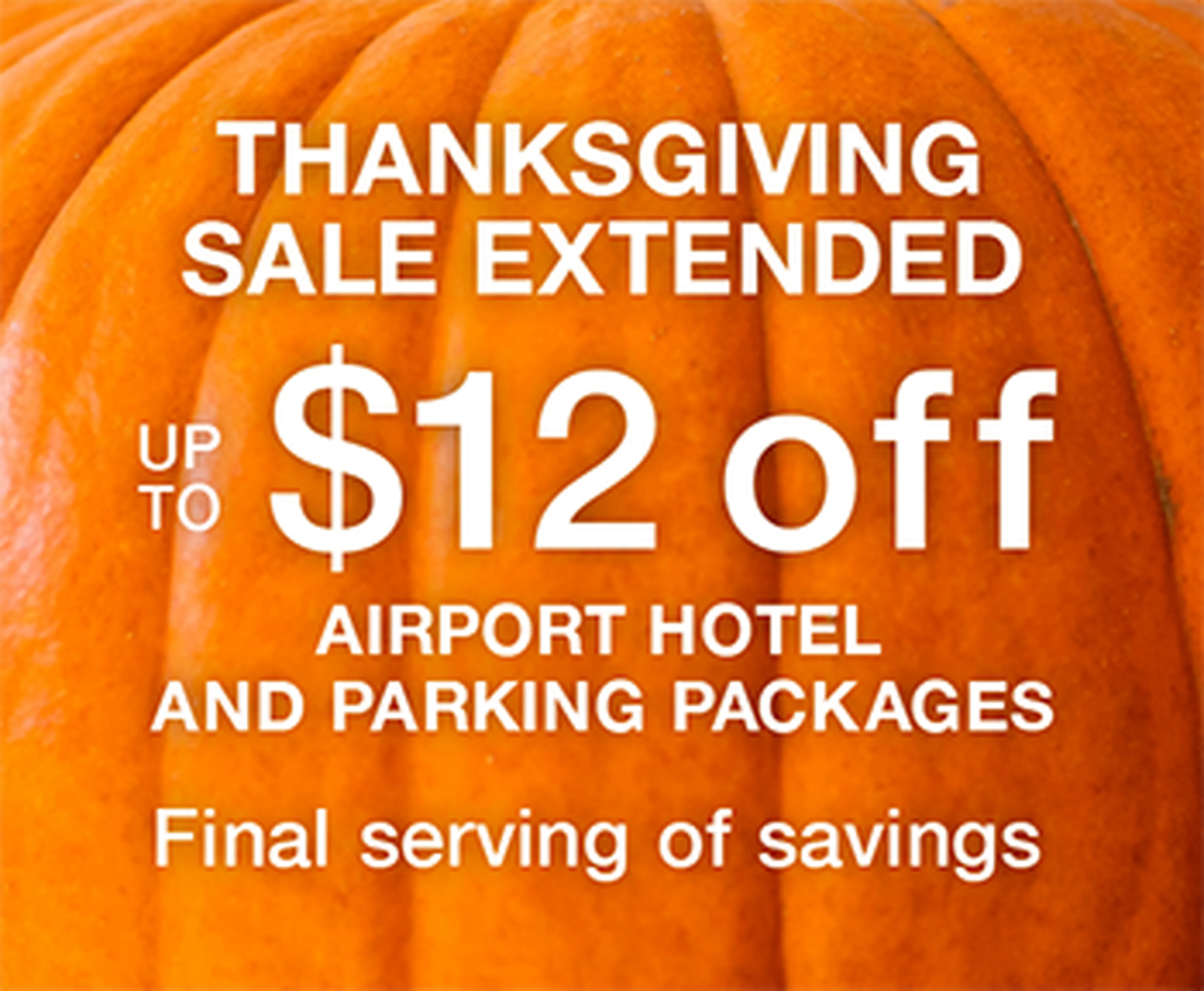 Close-up of a pumpkin with text: "Thanksgiving Sale Extended. Up to $12 off airport hotel and parking packages. Final serving of savings."