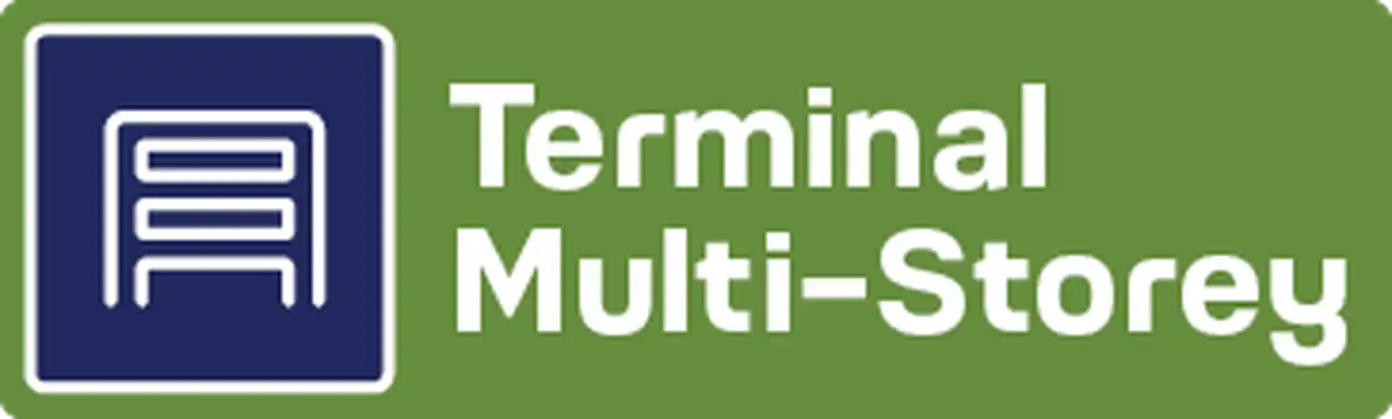 A green sign with a white outline of a multi-storey parking structure and text "Terminal Multi-Storey" in white.