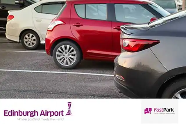 A white car, red car and grey car from side view parked in staggered parking bays with Edinburgh Airport and Fast Park logo at the bottom