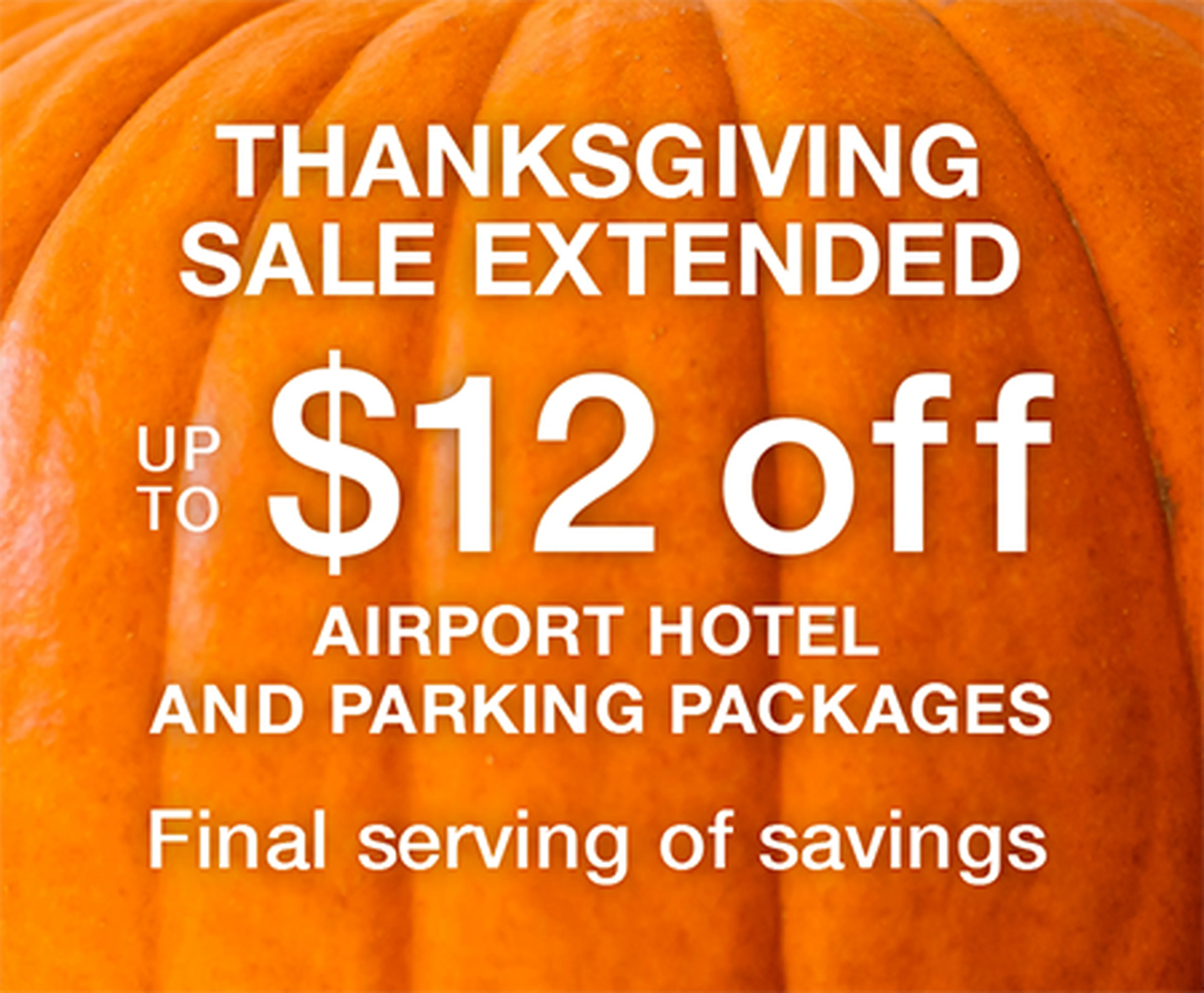 Close-up of a pumpkin with text: "Thanksgiving Sale Extended. Up to $12 off airport hotel and parking packages. Final serving of savings."