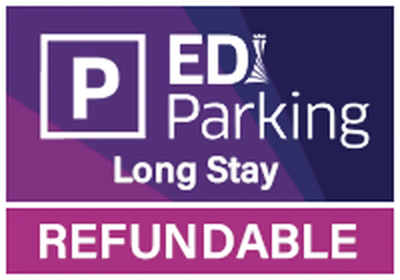 Edinburgh Airport official long stay parking logo with a refundable banner at the bottom