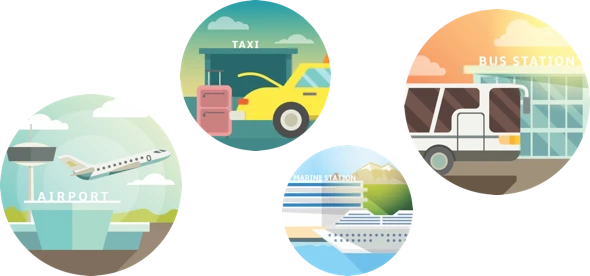 4 icons with plane, taxi, crouise and bus