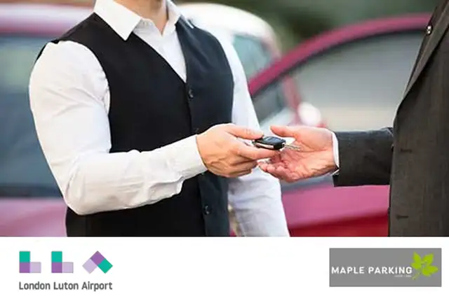 Valet driver handing car keys to a passenger with Luton Airport and Maple Parking logo underneath
