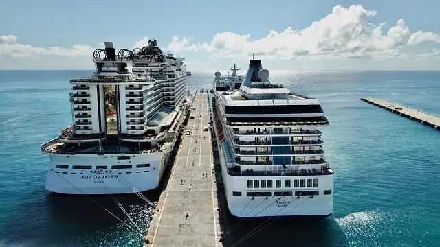 Two large cruise ships docked at a pier, surrounded by a calm blue sea, with a clear sky overhead. People walking on the pier.