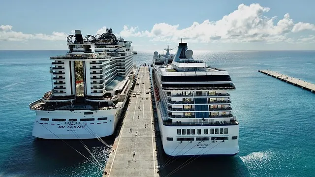 Two large cruise ships docked at a pier, surrounded by a calm blue sea, with a clear sky overhead. People walking on the pier.