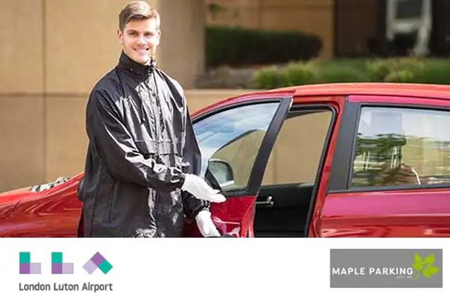 Valet driver opening a car door for a passenger with Luton Airport and Maple Parking logo at the bottom
