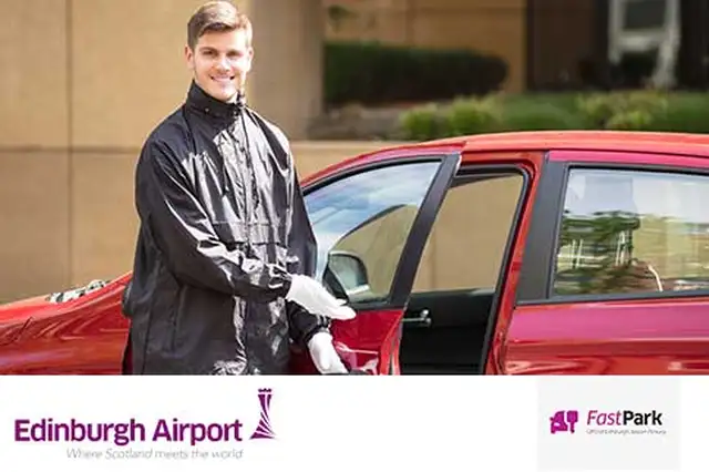 Image of meet and greet driver holding car door open for passenger with Edinburgh Airport and Fast Park logo at the bottom