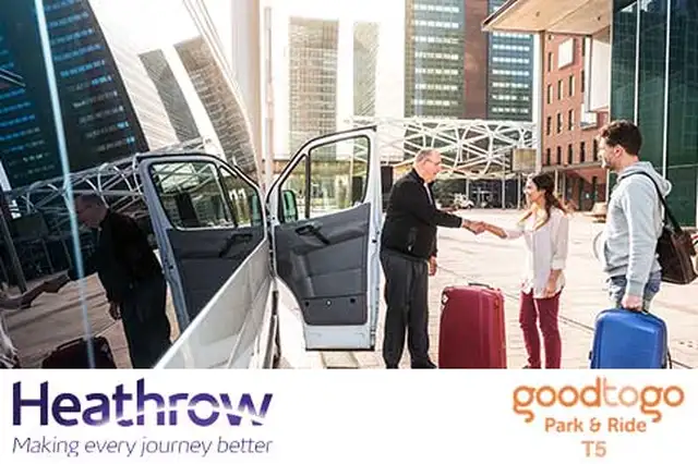 Passenger shaking hands with transfer driver and Heathrow and Good to Go logos underneath