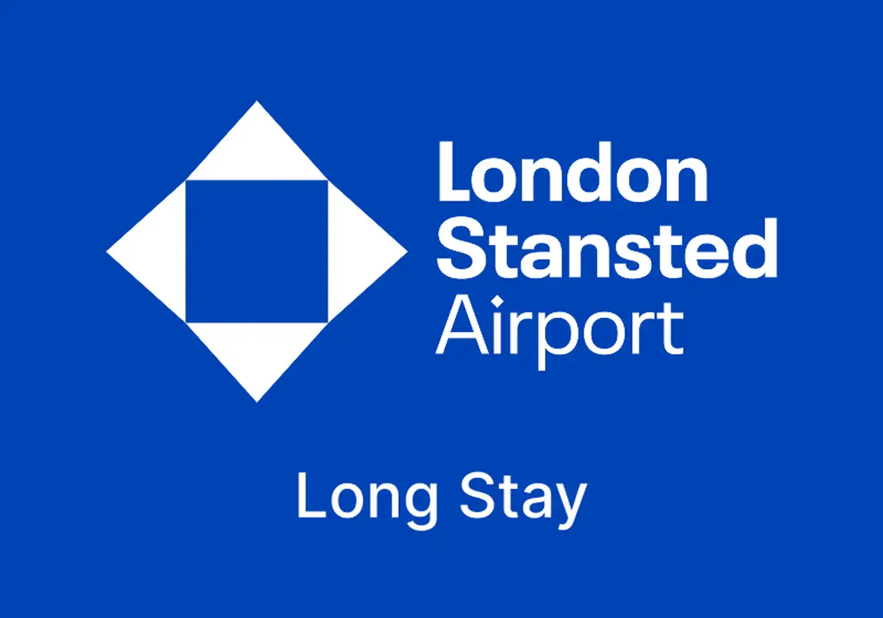 Logo of London Stansted Airport with the text "Long Stay" in white on a blue background, featuring a geometric diamond shape.