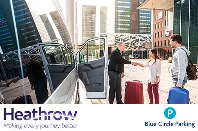 Passengers being greeted by a transfer driver with the Heathrow logo and Blue Circle Parking logo at the bottom