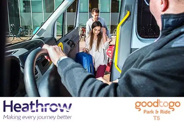 Passengers boarding a transfer service with luggage and Heathrow and Good to Go logos underneath