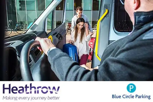 Passengers entering a transfer vehicle with the Heathrow Airport logo and Blue Circle Parking logo at the bottom