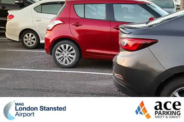 Cars parked in staggered bays at Stansted Airport ACE Parking Meet and Greet facility
