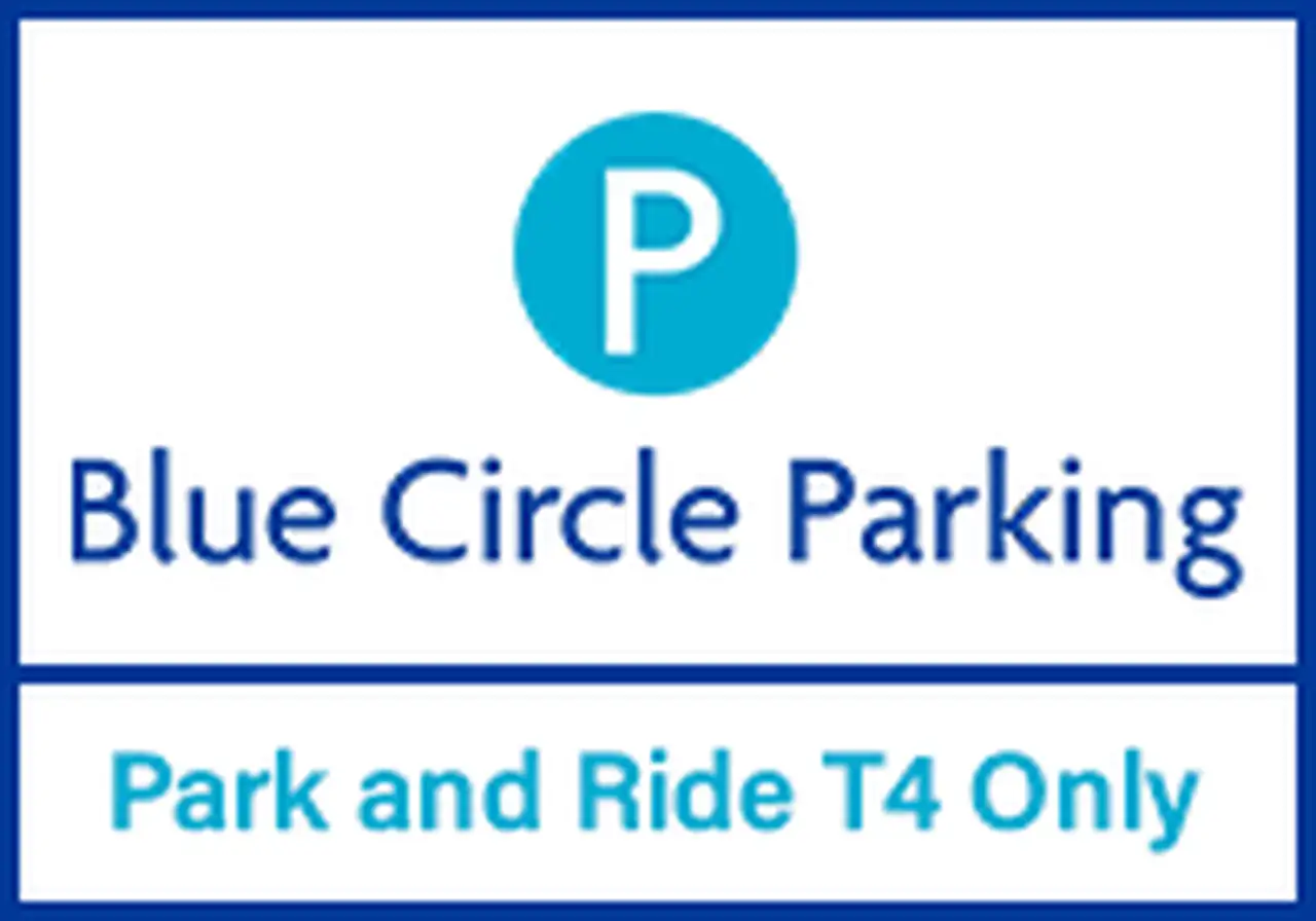 Blue Circle Parking logo with banner describing a Park and Ride service for T4 only
