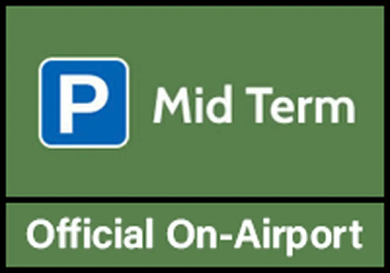 Luton Airport official Mid Term parking logo with green background and official On-Airport banner