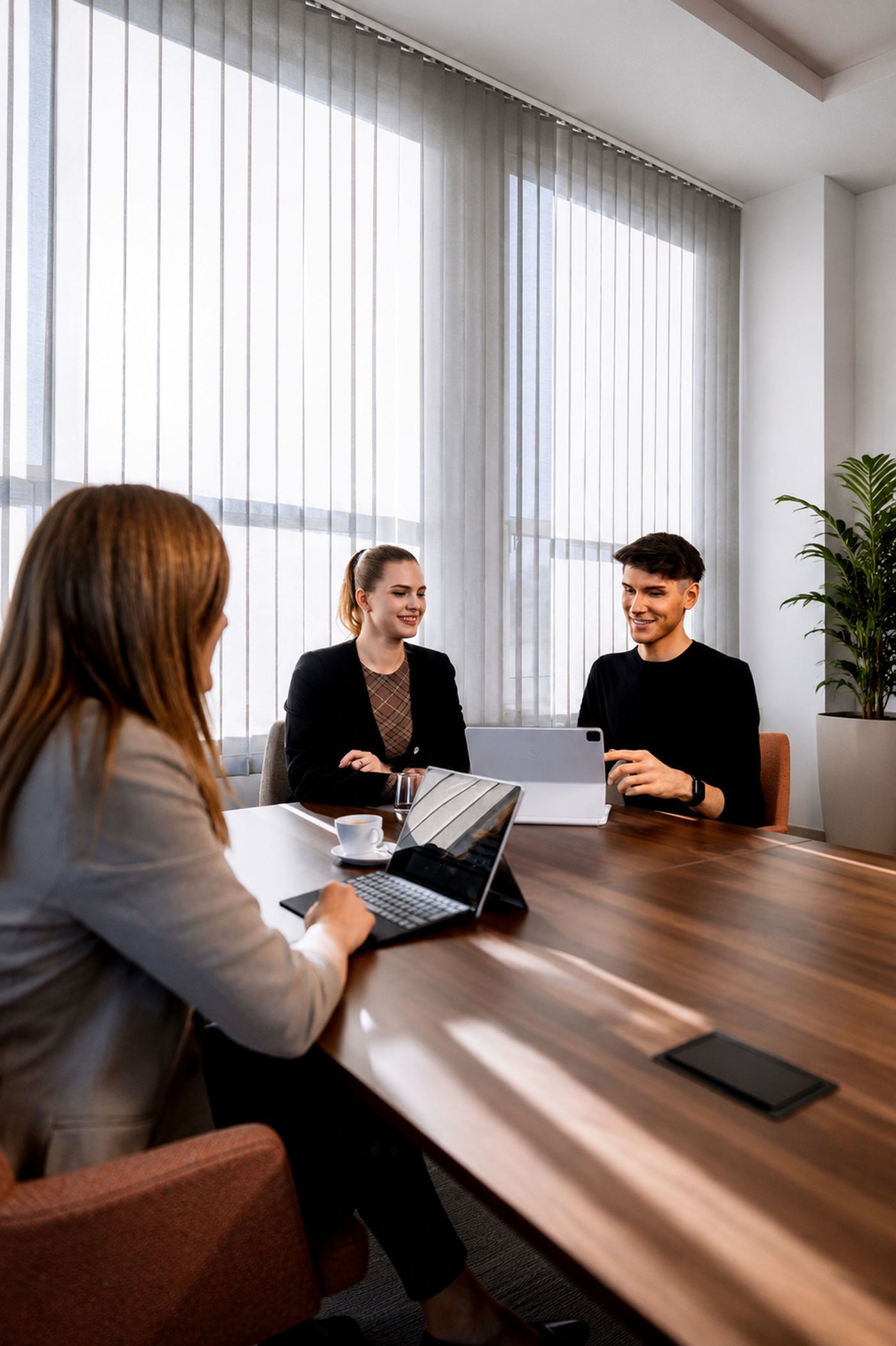 Drei Personen bei einer Besprechung im Büro: zwei Frauen und ein Mann, die mit ihren Laptops an einem Tisch sitzen, in einem Raum mit großen Fenstern und einer Topfpflanze.