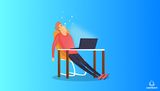 Exhausted person in a chair in front of a laptop
