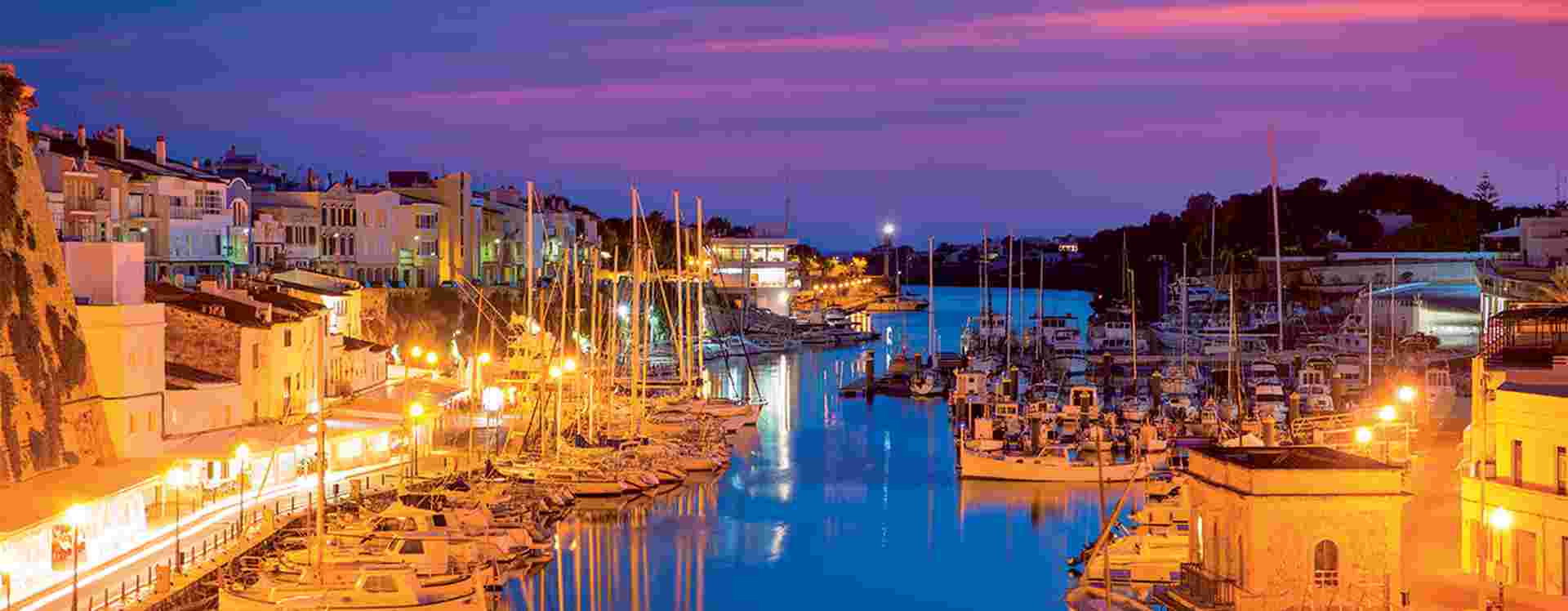 Calasfonts Cales Fonts Port sunset in Mahon at Balearic Islands