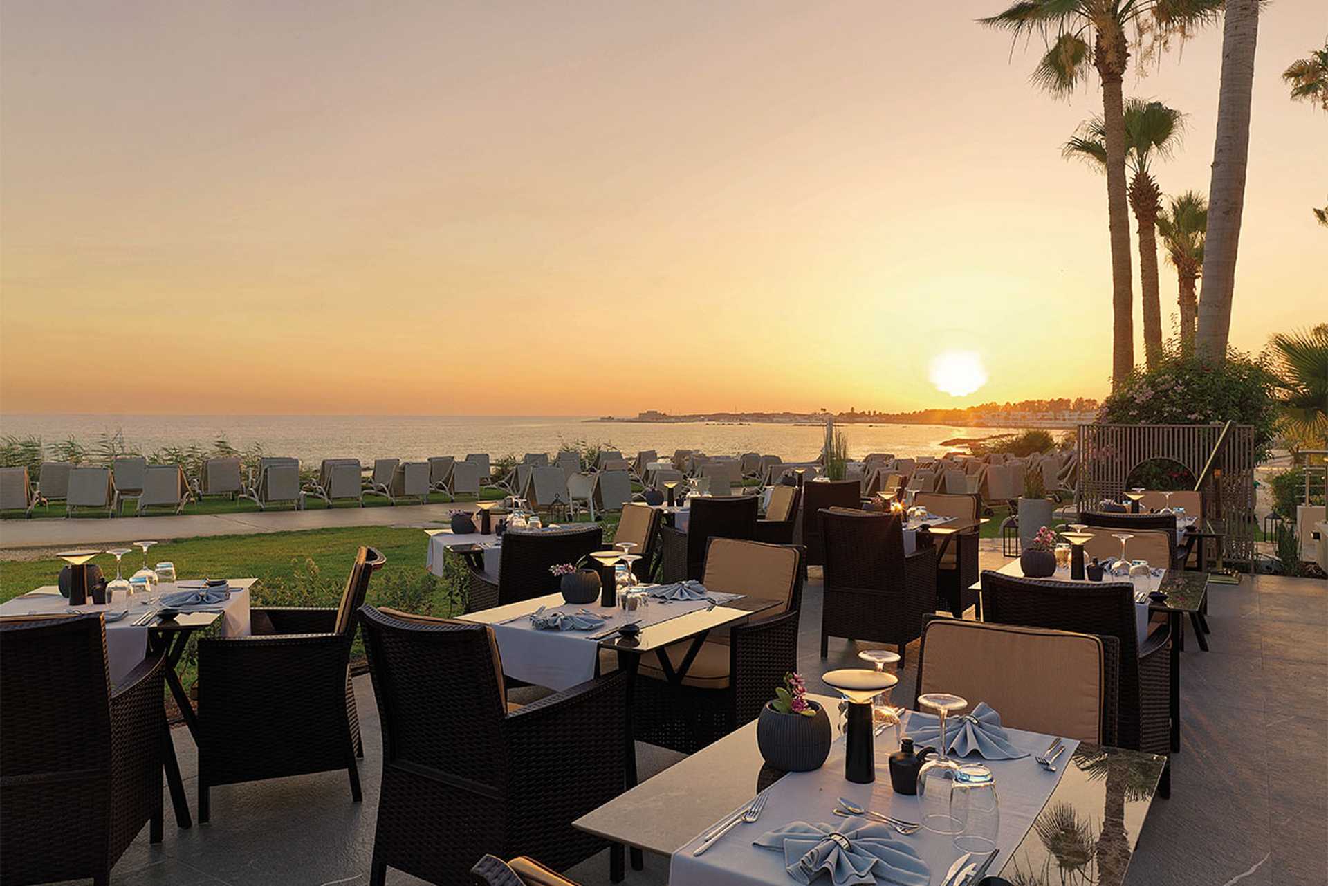Sunset over the à la carte Pan Asian restaurant,  Alexander the Great, Cyprus