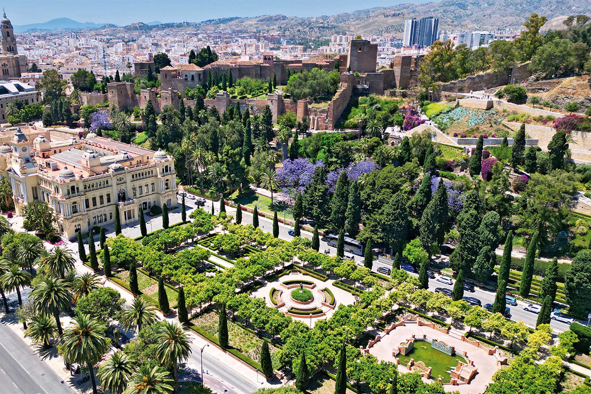 Aerial view of Malaga City Hall, Paseo Del Parque, Alcazaba fortress and  Cathedral in background