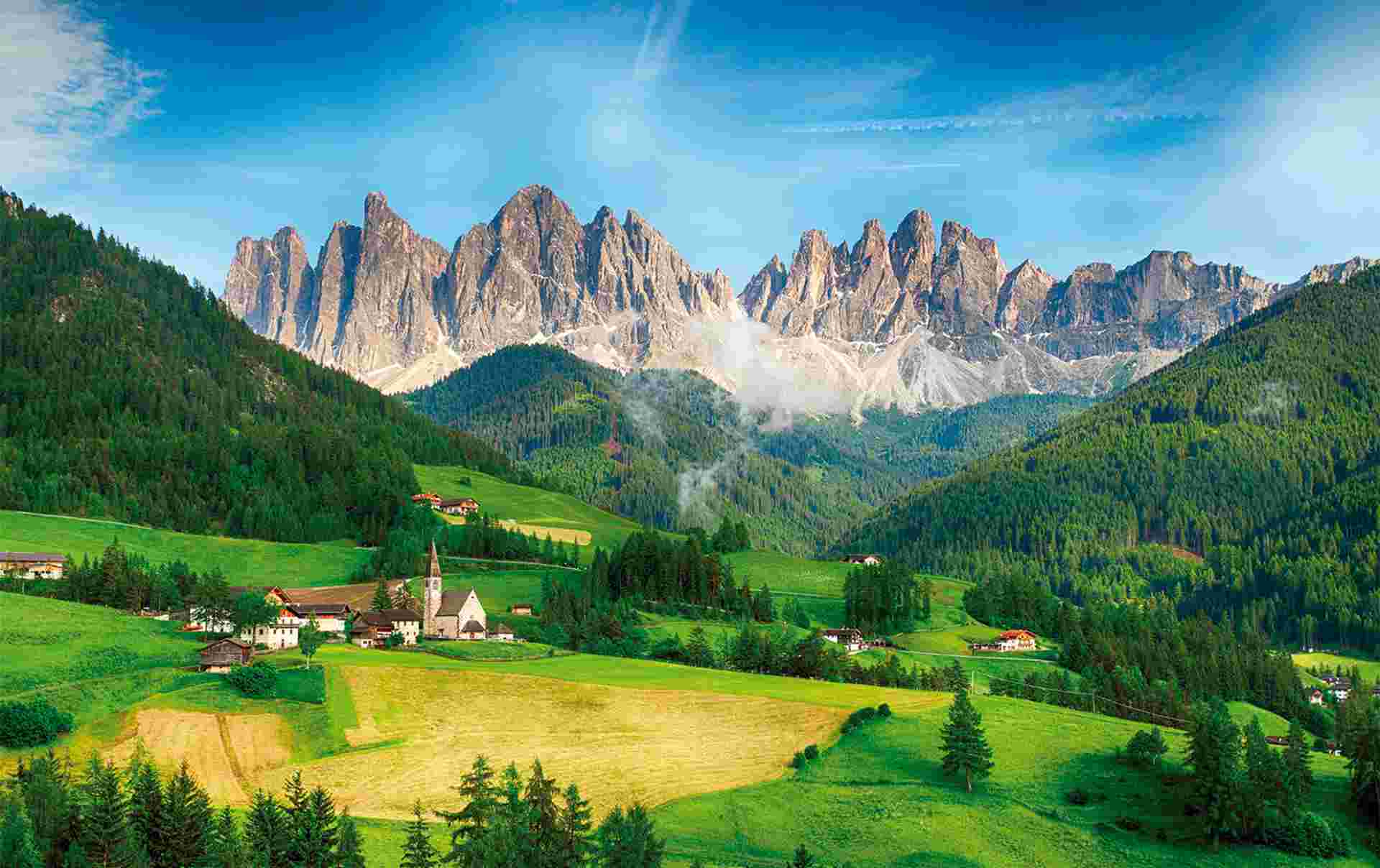 Countryside view, Santa Maddalena Park  Dolomites, Italy, Europe.