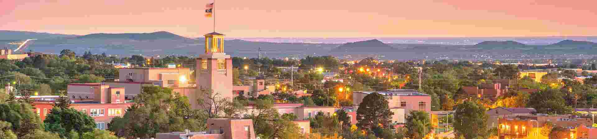Santa Fe, New Mexico, USA downtown skyline at dusk.