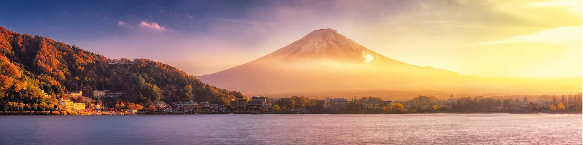Panoramic view of Mt.Fuji before sundown in autumn at lake kawaguchiko, Japan
