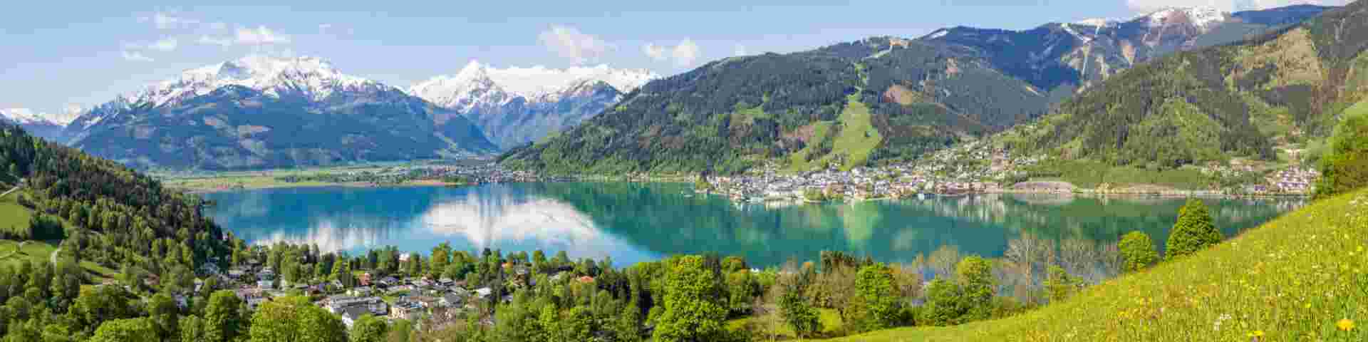 Panoramic view over Zell am See with Kitzsteinhorn and Schmittenhoehe in Summer, Salzburg, Austria
