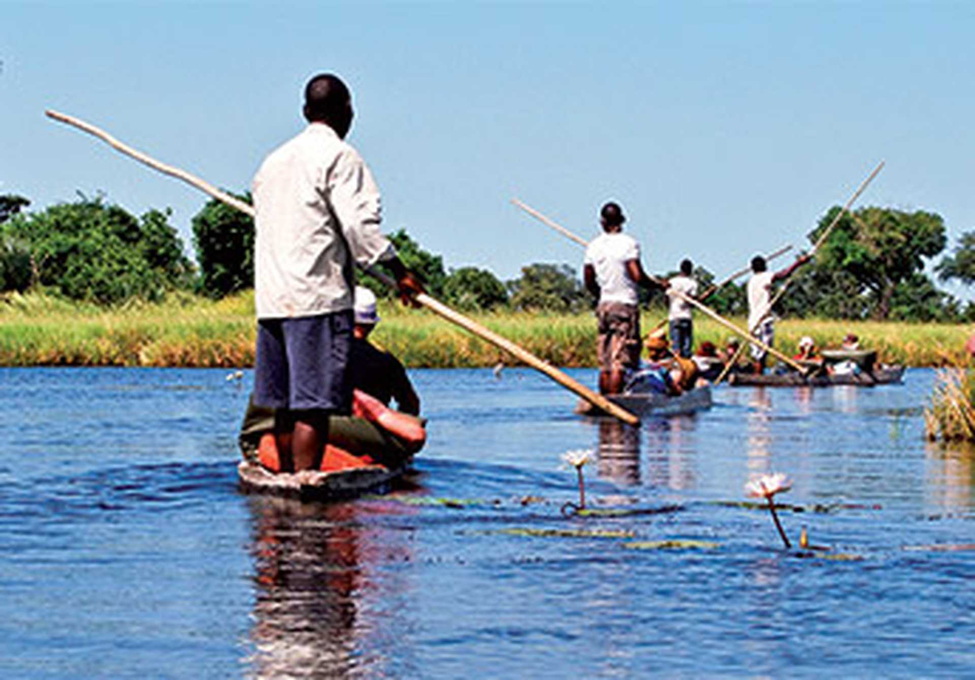 Canoe trip with traditional mokoro boat on the river through Okavango Delta near Maun, Botswana Africa