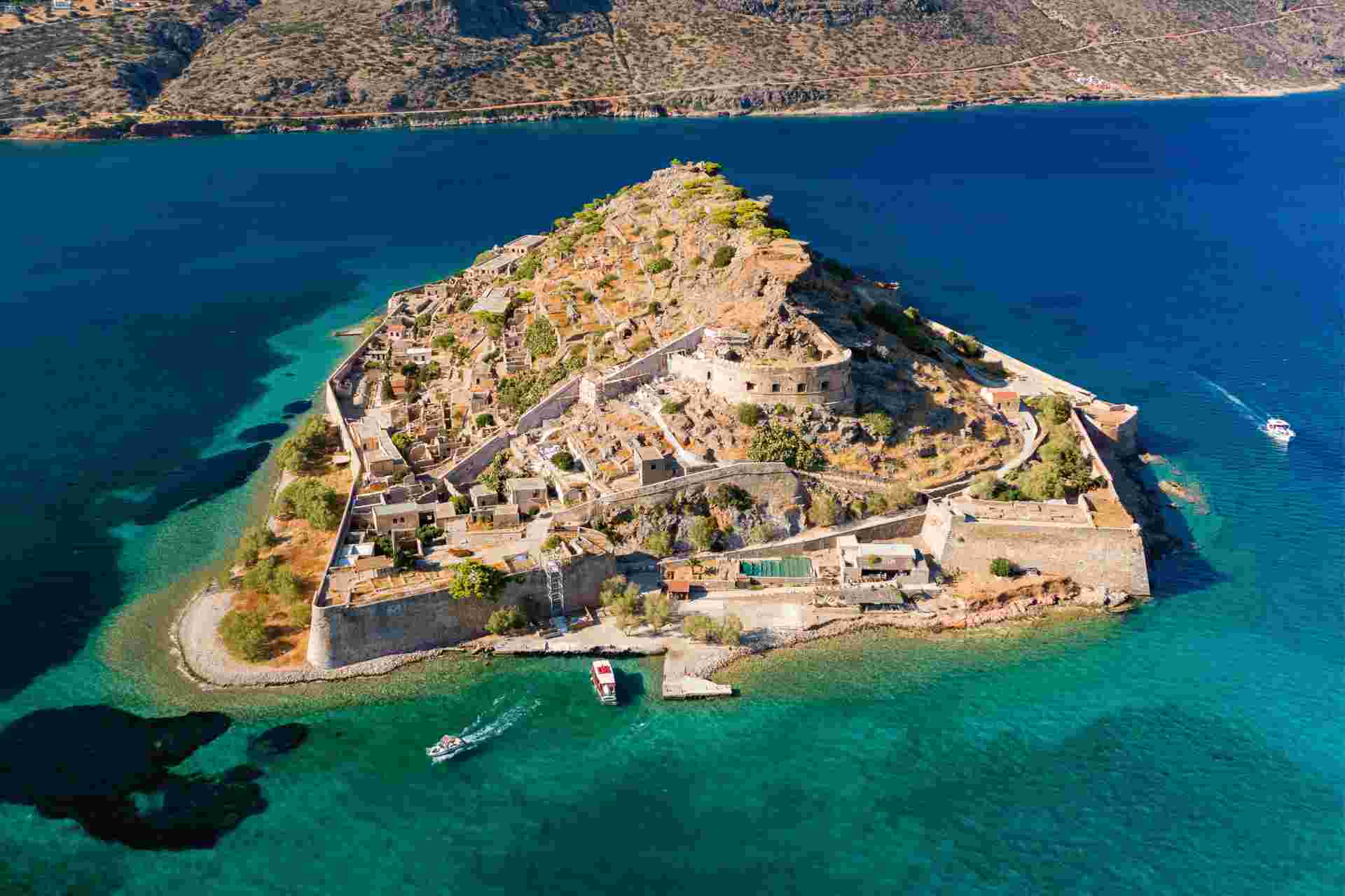Aerial view of an old Venetian fortress island, Spinalonga, Crete, Greece. AV311