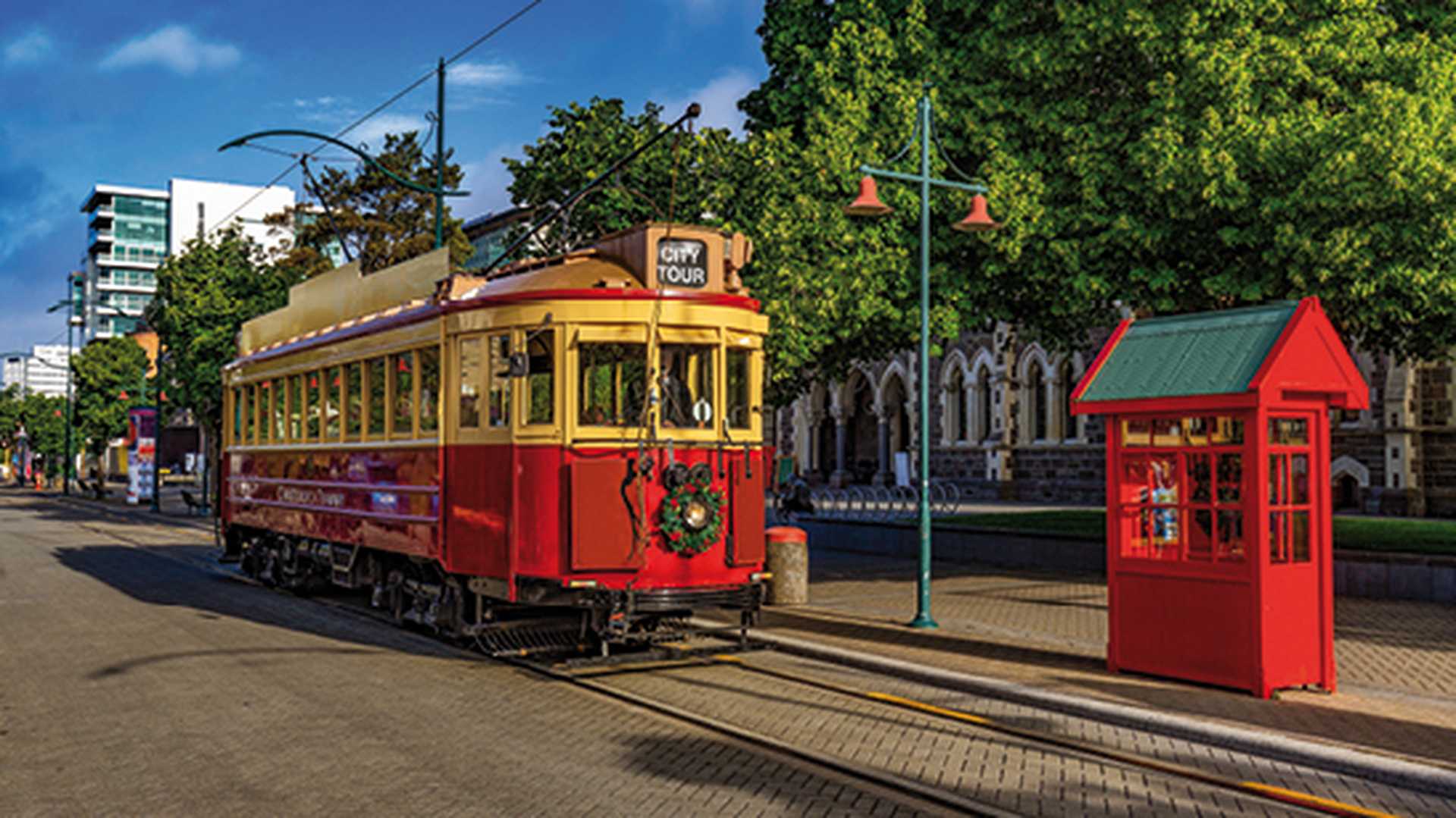 Restored heritage tram at Worcester Boulevard, Christchurch, South Island, New Zealand