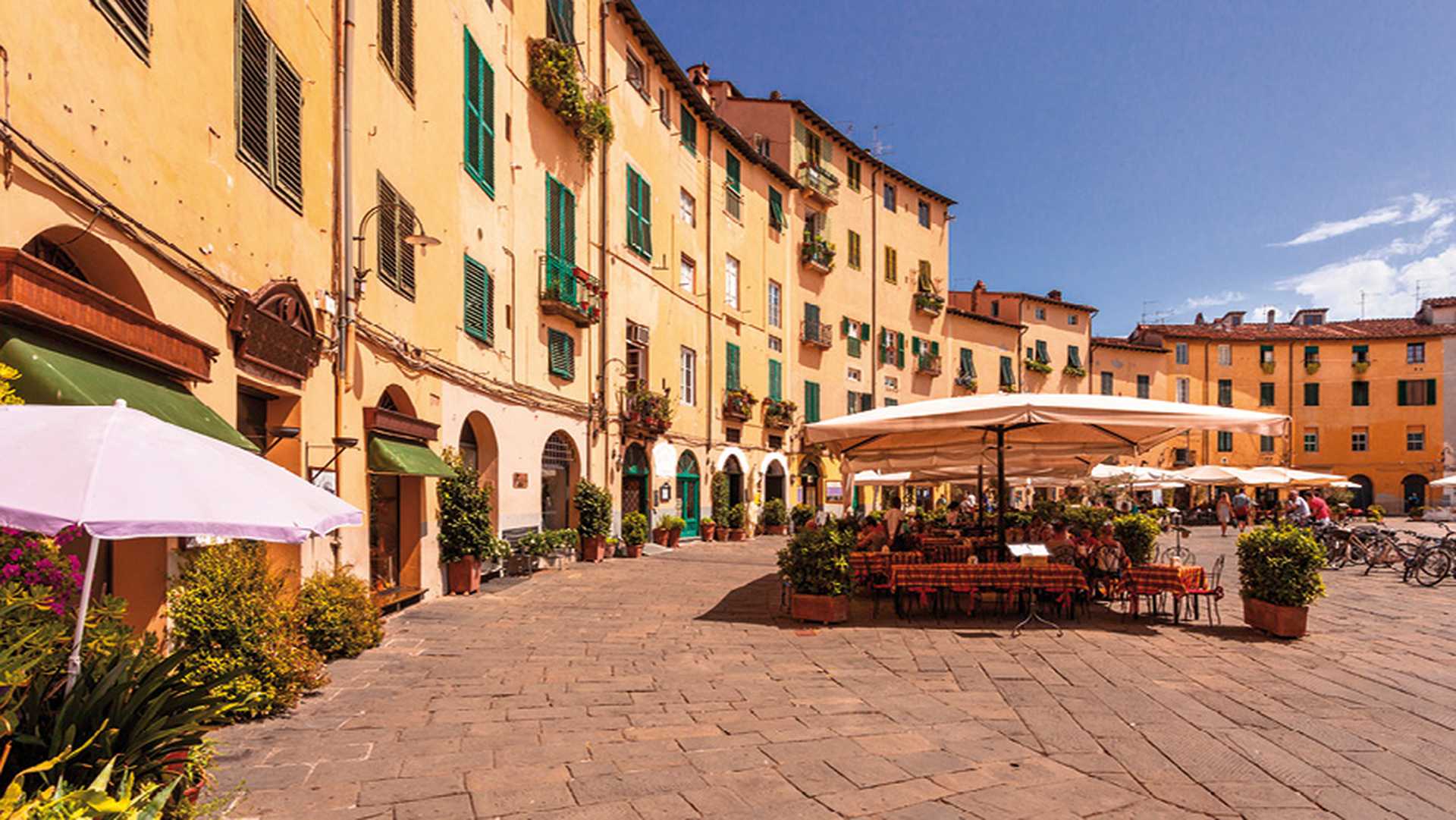 The Famous Oval City Square on a Sunny Day in Lucca, Tuscany, Italy