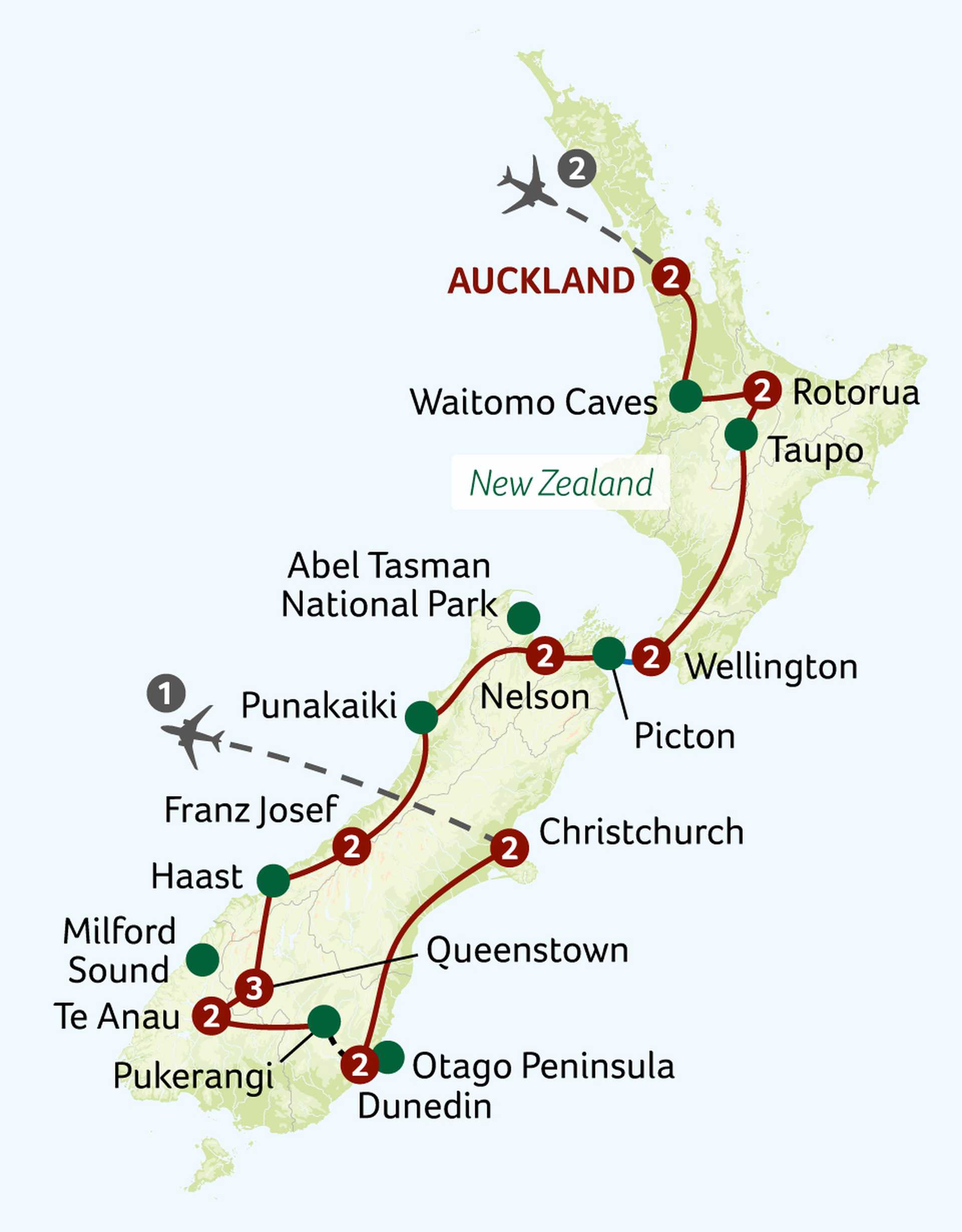 Wonders of New Zealand tour map - SEBNS