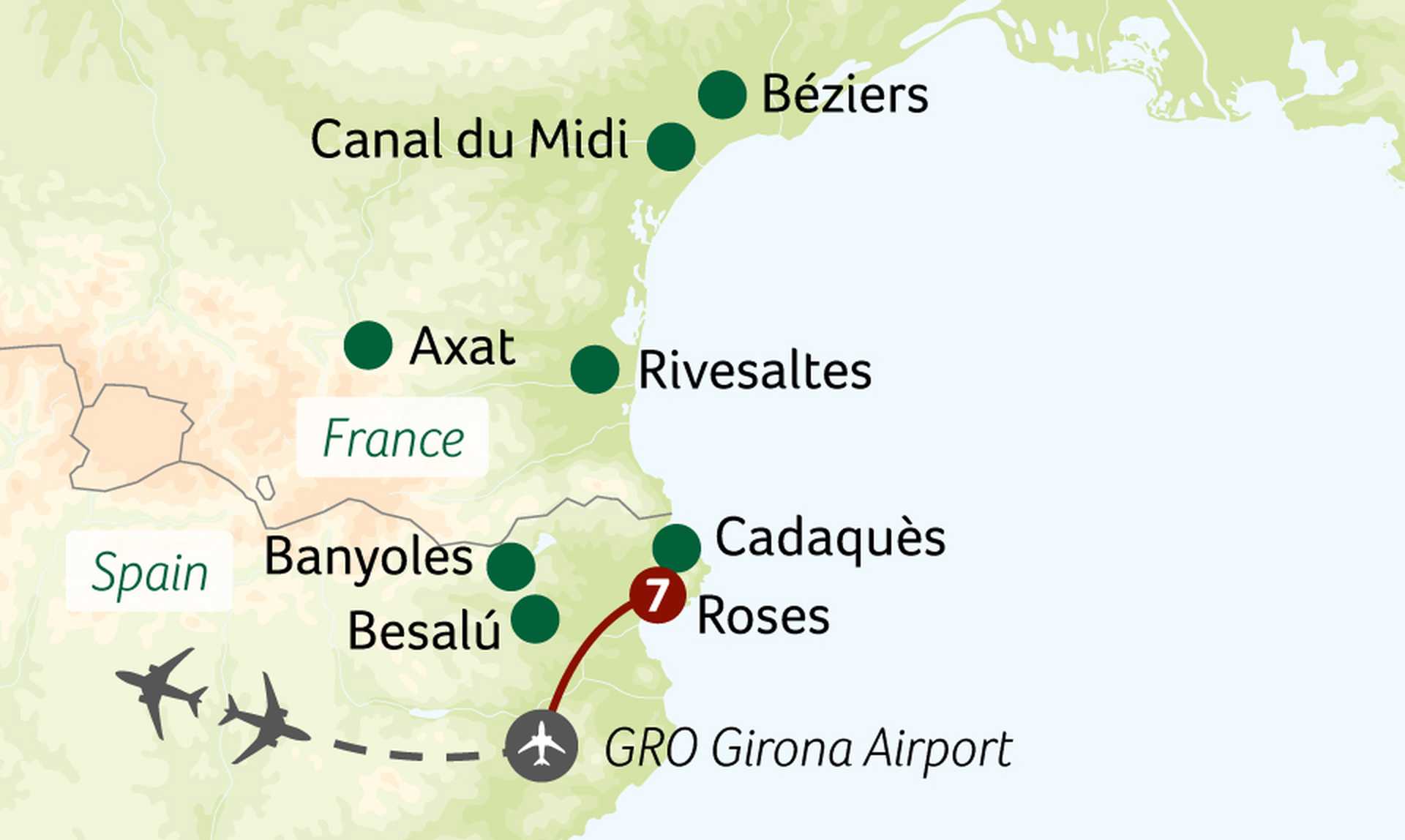 Coastal Catalonia by Land, Boat and Rail touring map - seltb