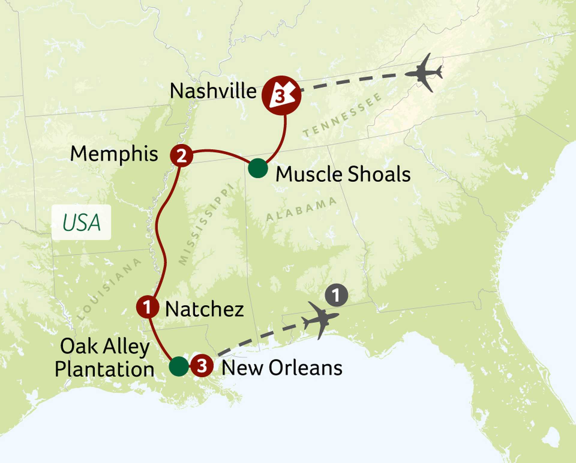 USS Rhythms of the Deep South tour map