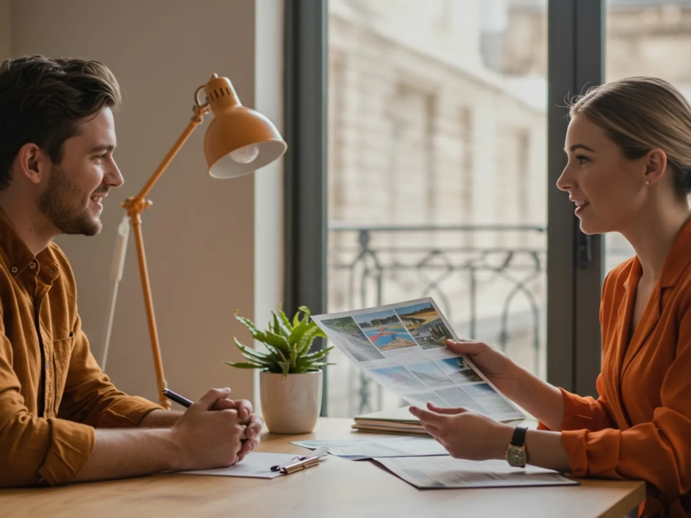 traveler talking to a travel agent about an upcoming trip