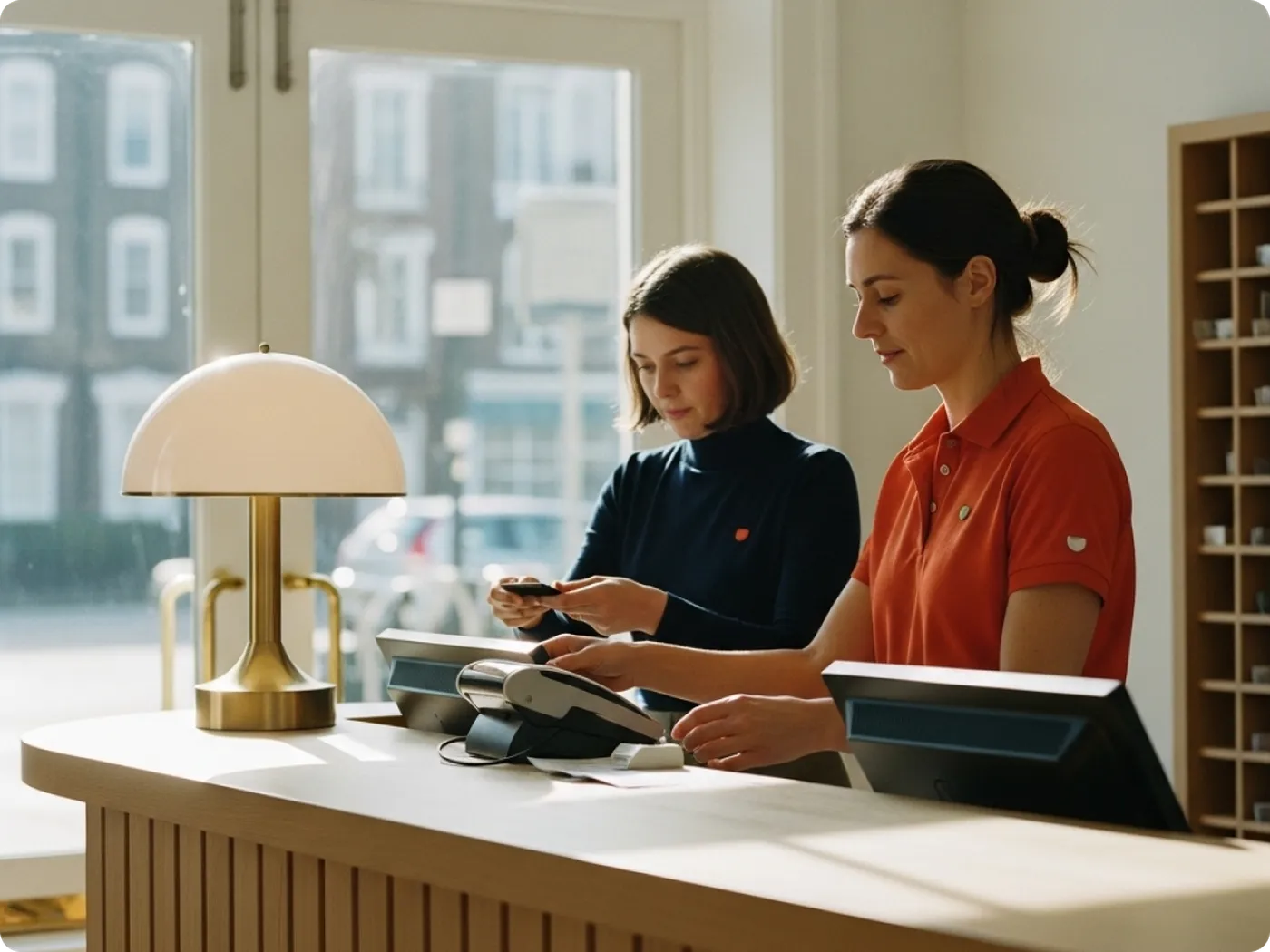 Two women working at a reception desk, one in an orange shirt, processing a payment. A lamp and computers are on the desk. Bright windows behind.