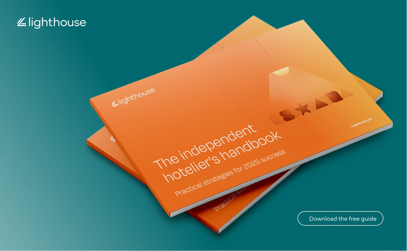 Orange booklet titled "The Independent Hotelier's Handbook" on a teal background, with a download button for a free guide.