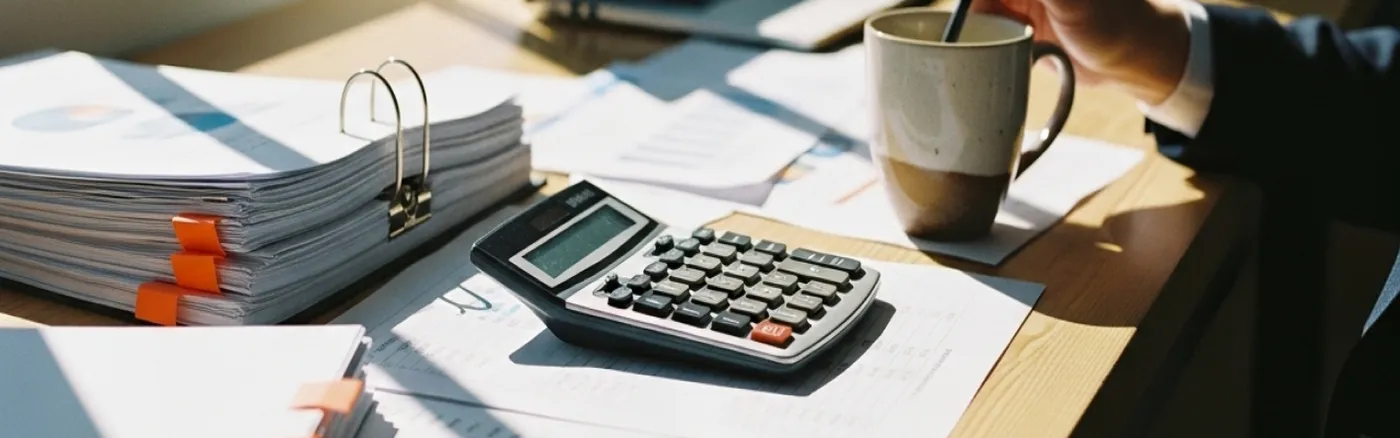 Calculator on documents with graphs, a stack of papers, and a person holding a mug on a sunlit desk.