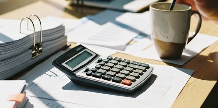 Calculator on documents with graphs, a stack of papers, and a person holding a mug on a sunlit desk.