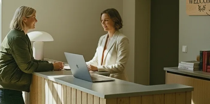 A woman checks in at a hotel reception desk, talking to the receptionist