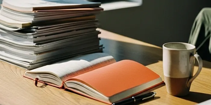 A sunlit desk with a stack of papers, an open notebook, a pen, and a mug.