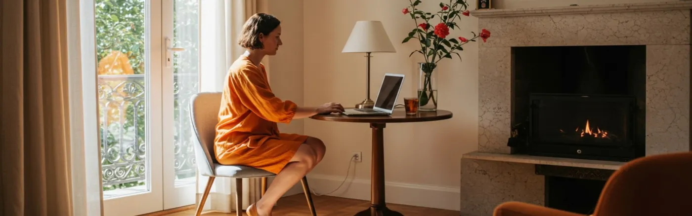 boutique hotel owner sitting at a laptop