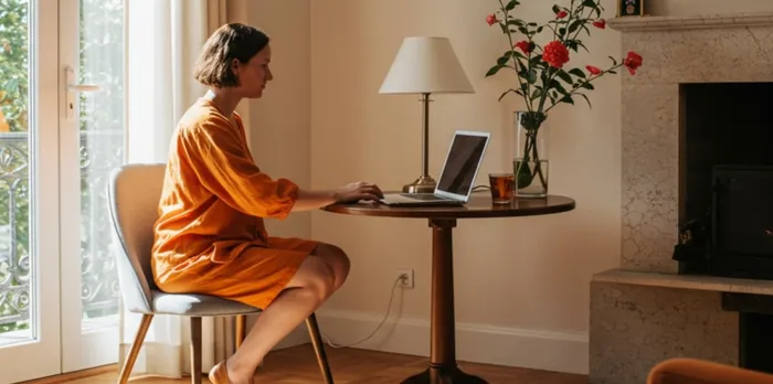 boutique hotel owner sitting at a laptop