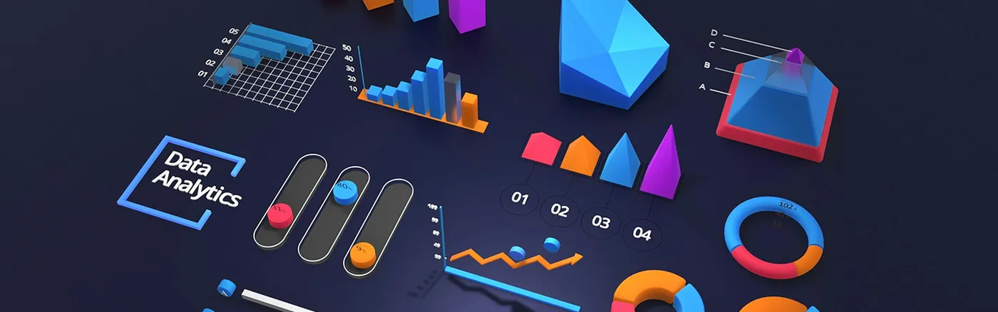 3D data visualization with colorful bar, pie, and line charts on a dark background, labeled "Data Analytics."