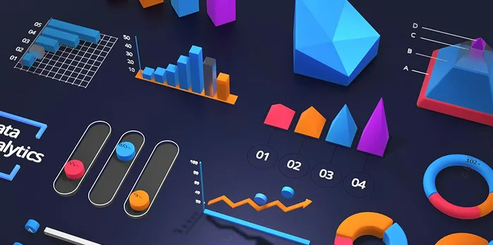 3D data visualization with colorful bar, pie, and line charts on a dark background, labeled "Data Analytics."