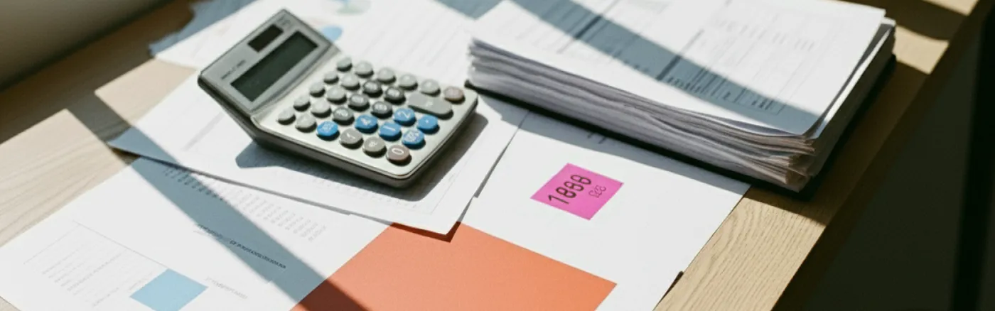 Calculator on a desk with financial documents, a stack of papers, and a pink sticky note reading "1989," lit by sunlight.