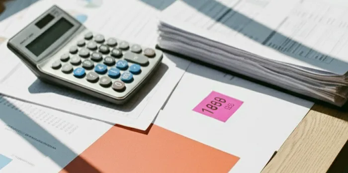 Calculator on a desk with financial documents, a stack of papers, and a pink sticky note reading "1989," lit by sunlight.