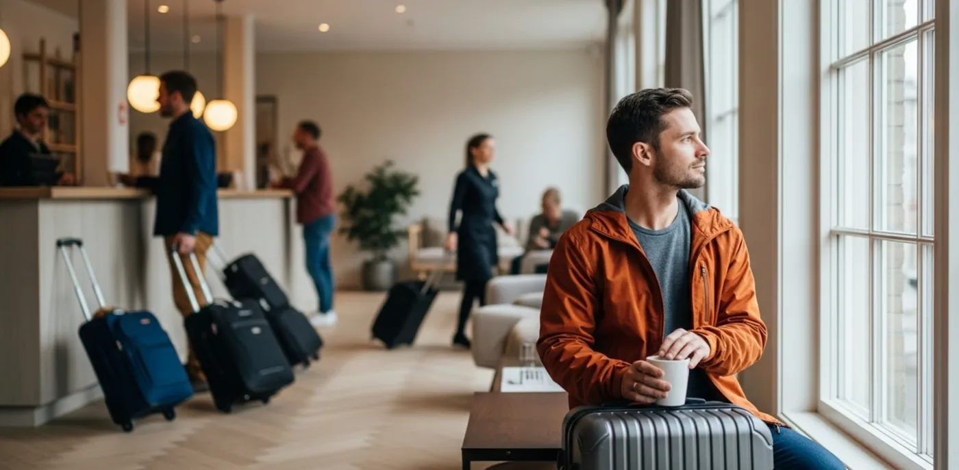 Man with suitcase sitting in a busy hotel lobby