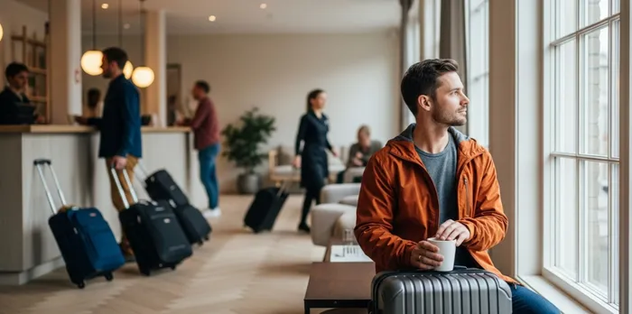 Man with suitcase sitting in a busy hotel lobby